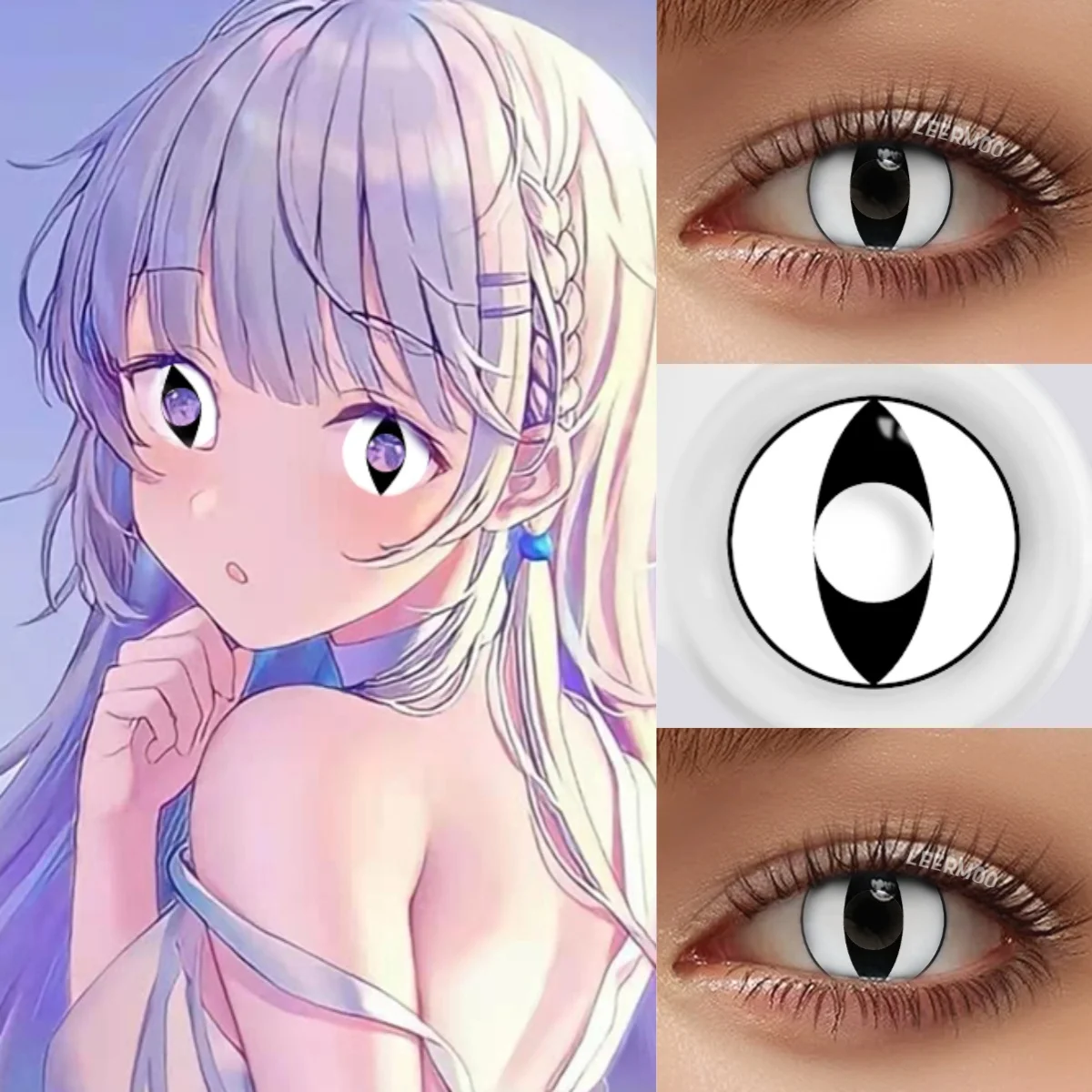 Visuashow 1 Paar Weiß-Schwarze Block-Augen-Cosplay-Kontaktlinsen für Cosplayer, Anime-Farblinsen, kleine Pupillen, natürliche Kosmetiklinsen – Detail 5