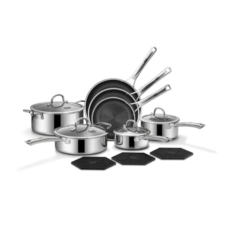 

Набор посуды из 14 предметов: антипригарные сковороды, сотейники, кастрюли из гибридной нержавеющей стали, без PFOA, для индукционных плит