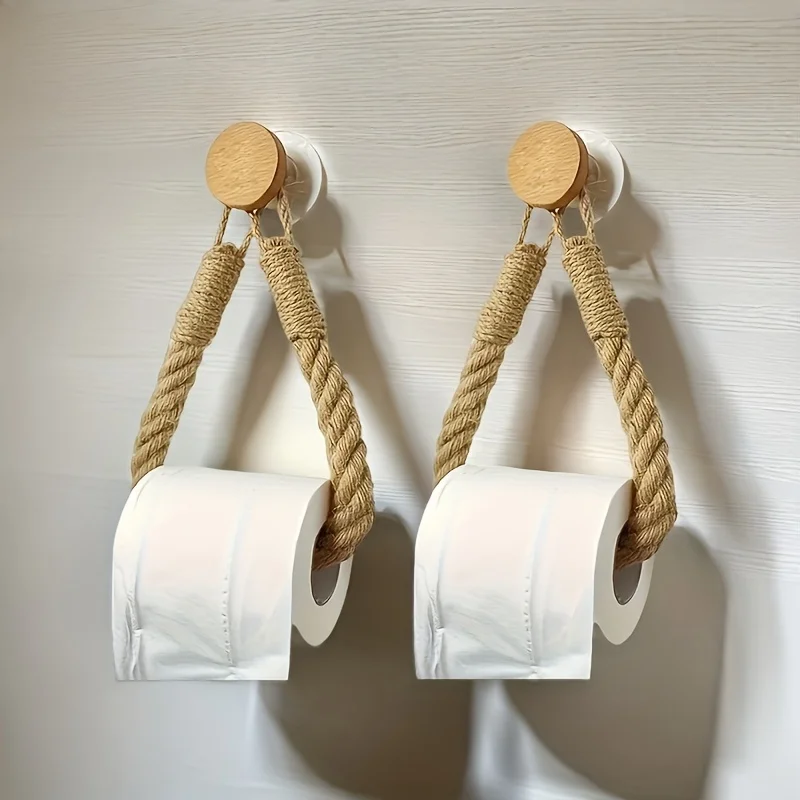Rustic Hemp Rope Toilet Paper Holder - Self-Adhesive Wall Mount Bathroom Tissue Storage with Wooden Knob, Natural Braided