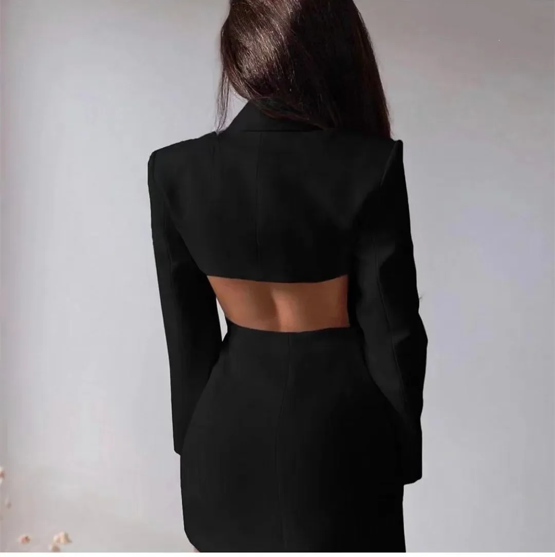 Women Solid Color Backless Hollow Out Blazer Jacket Summer Office Fashion Casual V neck Double Breasted Button Blazers