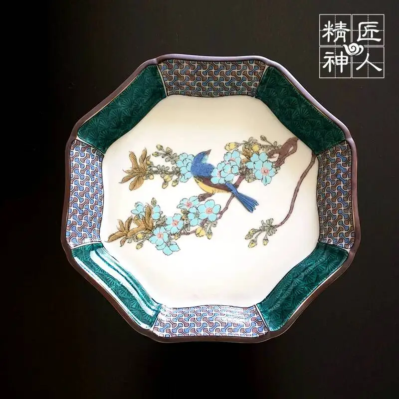 

In-Stock Japanese Imported Kutani Ware Cherry Blossom Tit Pattern Octagonal Ceramic Flower And Bird Plate Tableware