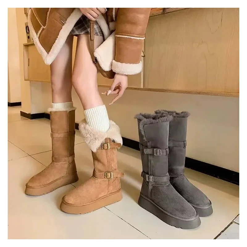 

Gray women's snow boots winter new thick sole heightened plus velvet thickened long snow boots casual women's cotton shoes