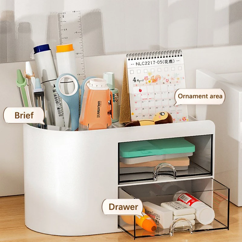 Simple Pen Holder With Drawer Multifunction Desktop Organizer Stationery Storage Box Student Office Desk