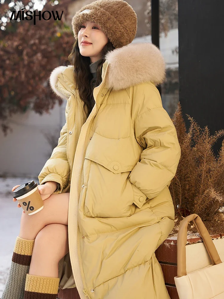 MISHOW Women Long Hooded Down Jacket 90 White Duck Down Coat Korean Ladies Thick Puffer Jackets Double Zipper Outwear MXC57Y0027