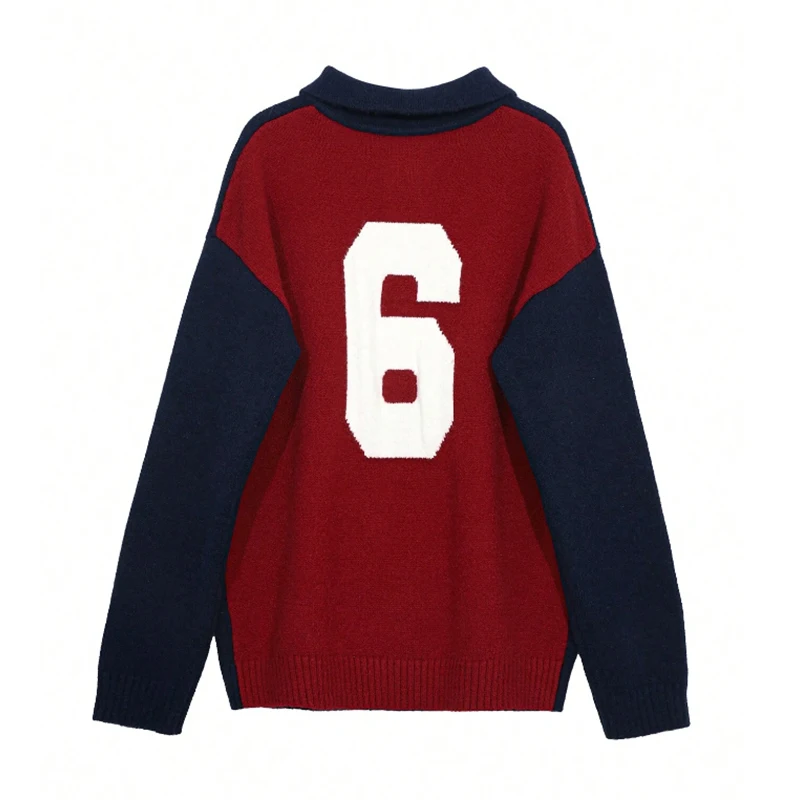 

Fashion Lapel Knit Sweater Pullover Autumn Women Long Sleeve Sweaters UNBRMG Letter Print 6 Graphic Loose Oversized Casual Tops