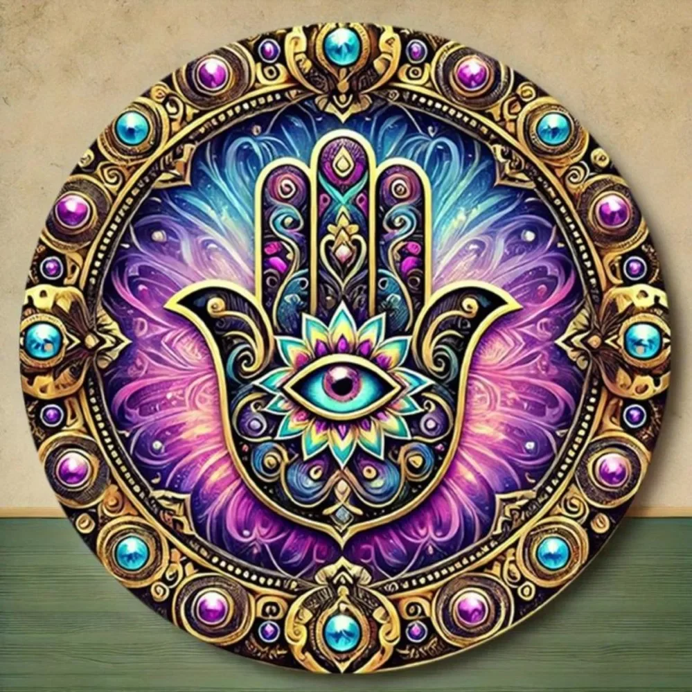 Vintage Bohemian Round Aluminum Sign (One Piece) — Cartoon Hand-Painted, Evil Eye, Vibrant Colors and Complex Patterns