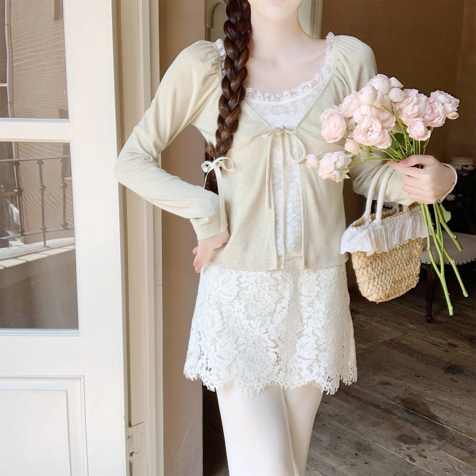 

Женская футболка с длинным рукавом в нежном стиле, с поясом, облегающая, с эффектом двухслойности, с узлом, повседневная, дышащая, из смесового хлопка