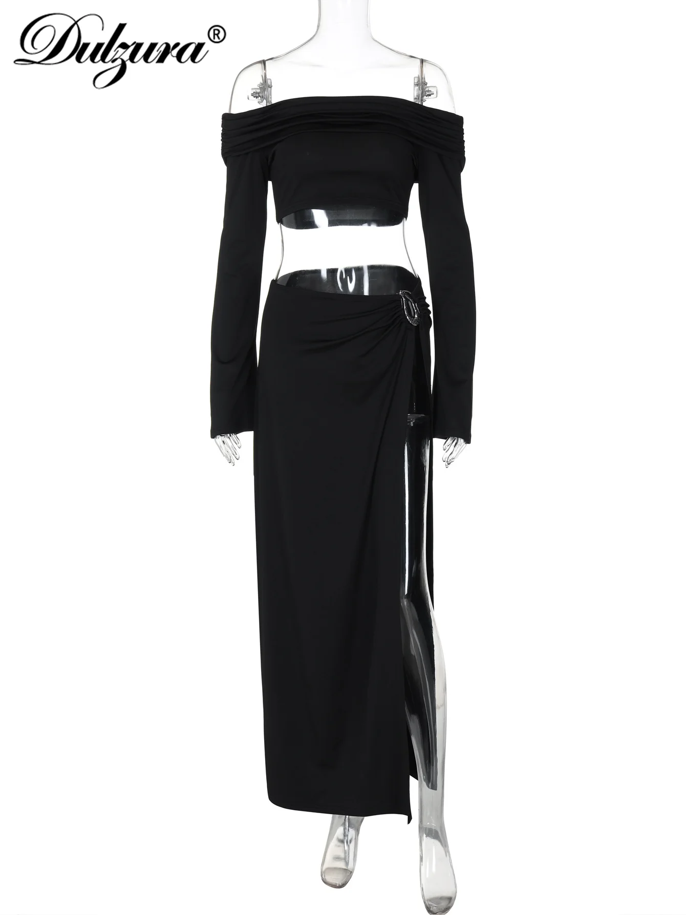 Dulzura Solid Sexy 2 Piece Skirt Set Off Shoulder Long Sleeve Ruched Crop Top And Side High Slit Button Maxi Skirt Party Club