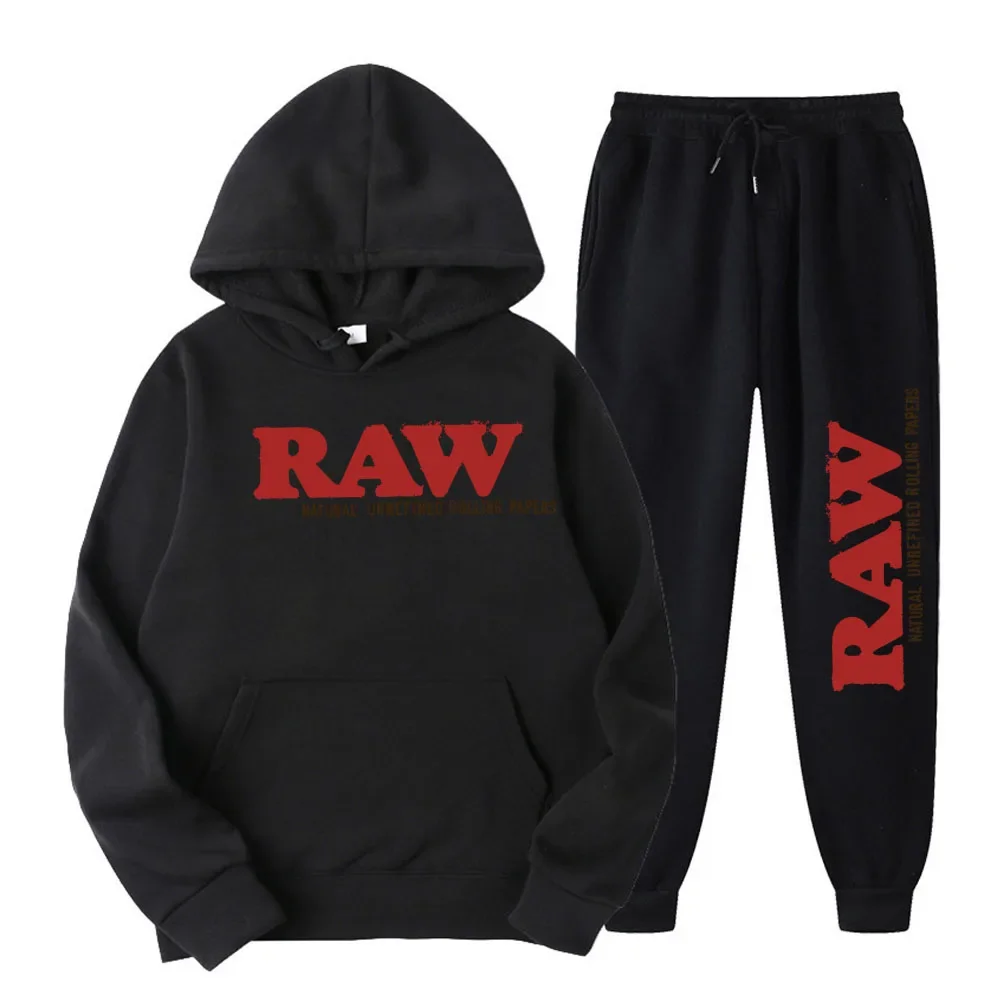 2024 Men\'s Set RAW Hat Running Hoodie Sweatpants Men\'s Set 2PK Autumn Winter Casual Woolen Sportswear