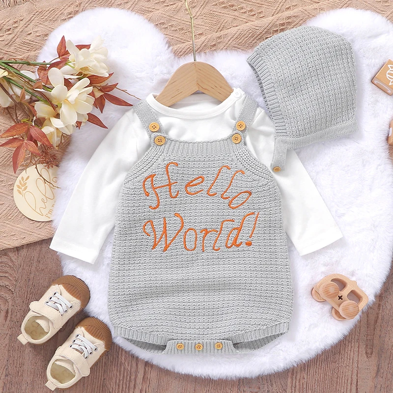 Newborn Baby Bodysuit Knit Infant Girl Boy Jumpsuit Sleeveless Summer Kid Clothes Hat 0-18M 2PC Romper Fashion Embroidery Letter