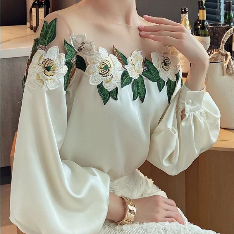 Autumn Mesh Patchwork Long Lantern Sleeve Shirt Spring Embroidered Satin Blouse O-neck Tops Women\'s Clothes Elegant New 24976