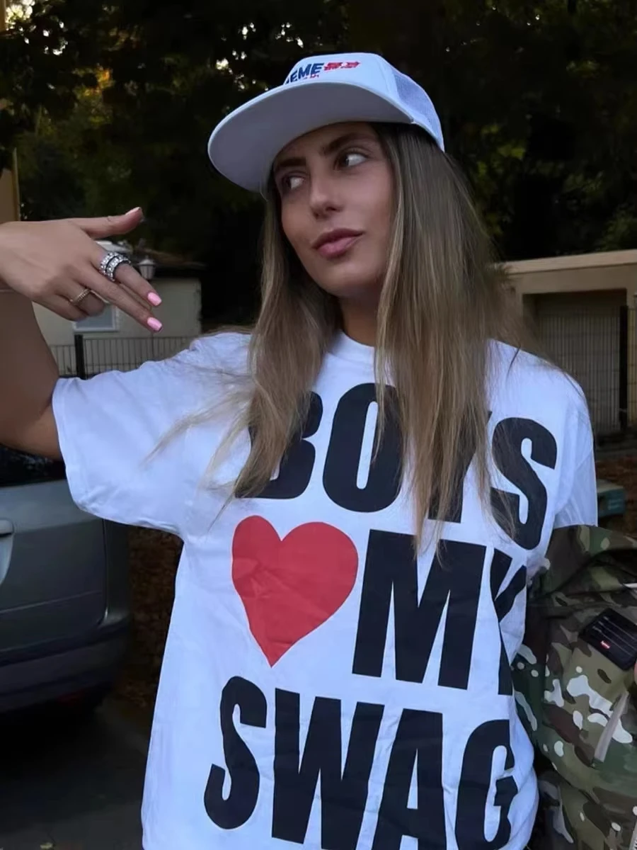 GIRLS&BOYS LOVE MY SWAG American Y2K Hip Hop Retro Cotton Short Sleeved T-shirt Summer Women's Loose and Breathable Couple Top