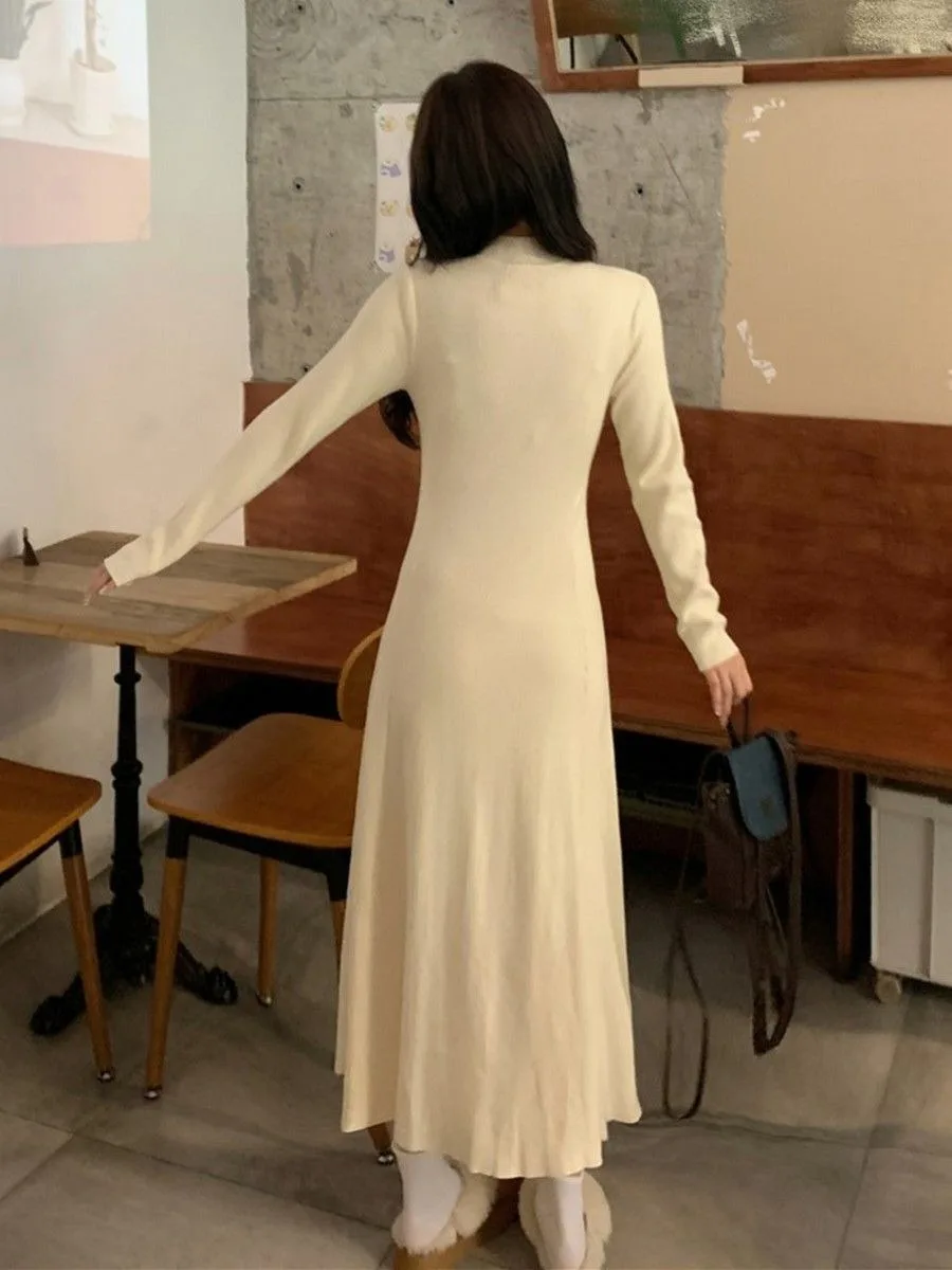 Vestido feminino de malha evasê emagrecedor em damasco francês elegante meia panturrilha semi-gola alta longo vestido de camadas quente para outono inverno