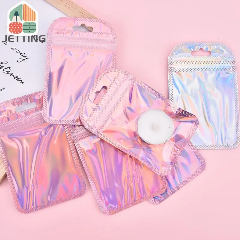 50Packs 4 Styles Resealable Holographic Bags Cute Eyelash Packaging Bags For Lip Gloss Lash Foil Small Ziplock Bags