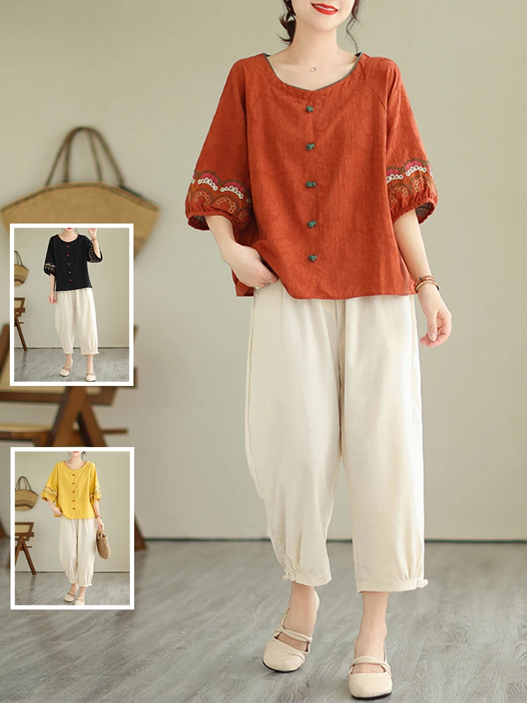 

Ретро модный комплект с вышивкой, женский модный комплект большого размера Harlan, круглый топ Ne, брюки с девятью точками, летний костюм из двух предметов