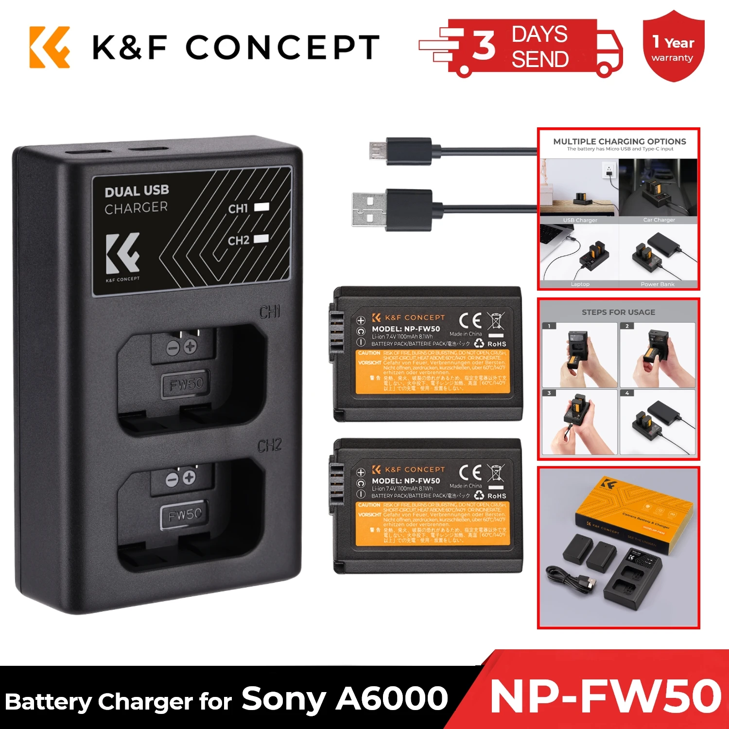 K&F Concept NP-FW50 Replacement Battery 2 Pack and Charger for Sony A6000 A6500 A6300 A6400 A7 A7II A7RII A7SII A7S A7S2 Cameras