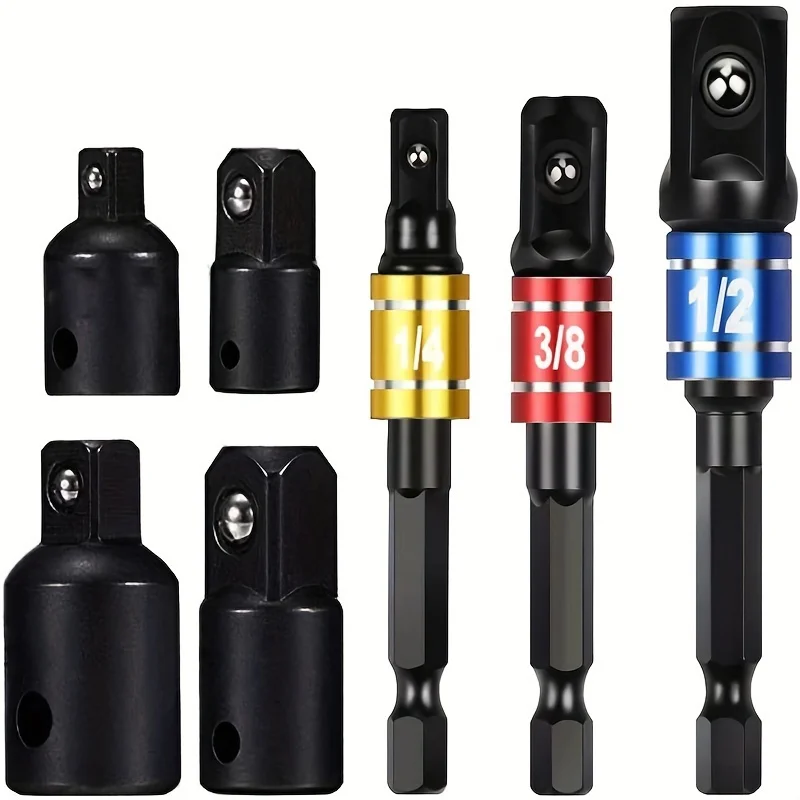 7pcs Impact Extension & Socket Adapter Set - 1/4', 3/8', 1/2' Hex Shank to Square Drive Converter Kit for DIY Home Improvement, view 3