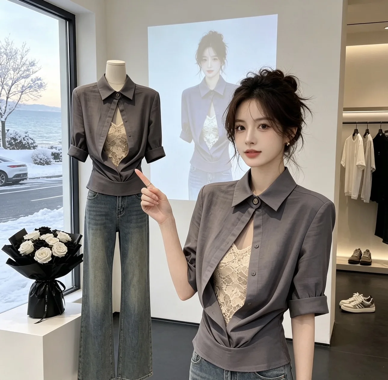 Stylish Unique Women's Top Super Beautiful Design Sensation Small Fashion Elegant Atmosphere French Style Polyester Long Slee...