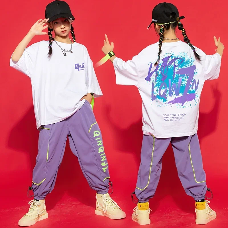 Disfraz de baile para niño y niña, ropa de Hip Hop, camiseta estampada blanca, camiseta de gran tamaño, Top informal, ropa de calle, pantalones de Jogger