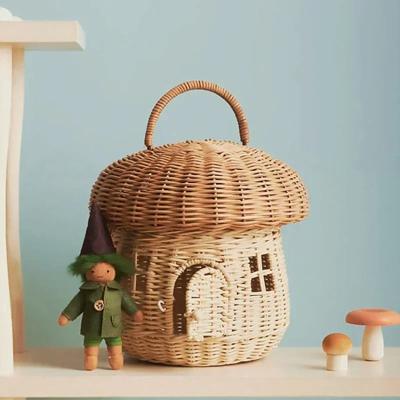 

Castle Mushroom Rattan Handmade Basket Vacation Picnic Baskets Photo Props Beach Straw Bags Kids Organizer Box Woven