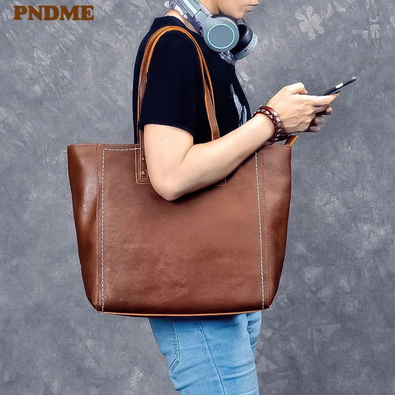 Fashion vintage high quality genuine leather men's tote bag cowhide large capacity handbag luxury big laptop shoulder bag