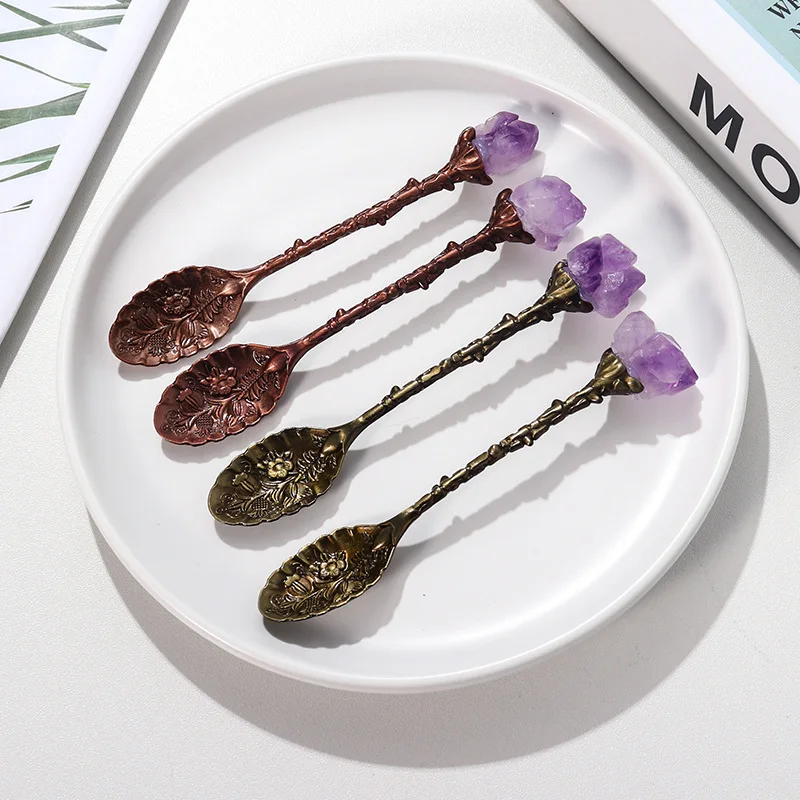 

fashion Mini Spoon long handle inlaid irregular amethyst crystal clusters ice cream coffee dessert copper spoon decoration gift