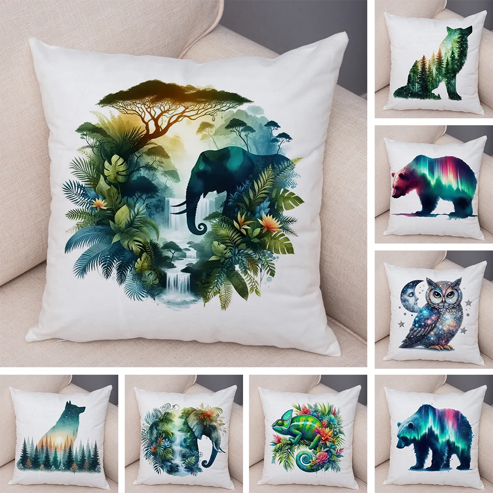 

Наволочка с акварельным принтом животных, двойной принт, тема леса, мягкая плюшевая наволочка с изображением дикой природы для дивана, дома, автомобиля