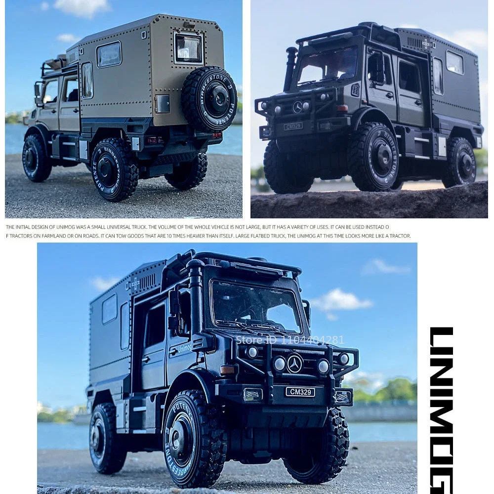 1:28 Unimog Motor Home U5000 Model Zabawka Odlewana Samochód Otwierane Drzwi z Dźwiękiem i Światłem Miniatury z Napędem Pull Back Zabawne Zabawki dla Dzieci