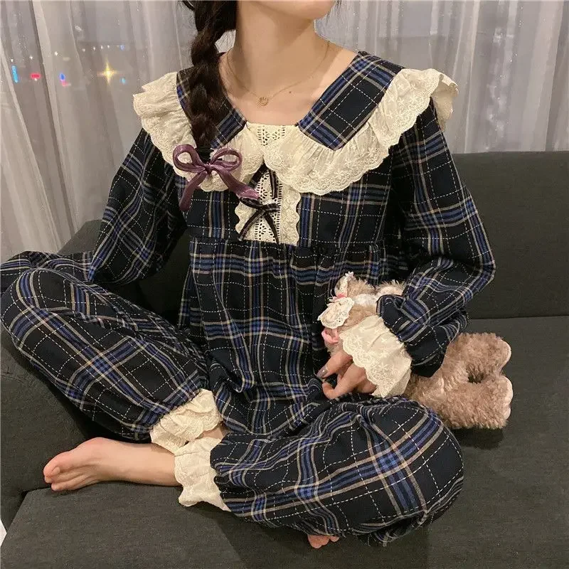 Lace Women Pajama Sets Sleepwear Plaid Pants Sets 2 Pieces Piiama Korean Style Full Sleeve Spring Night Wears Bow Home Suit 2024