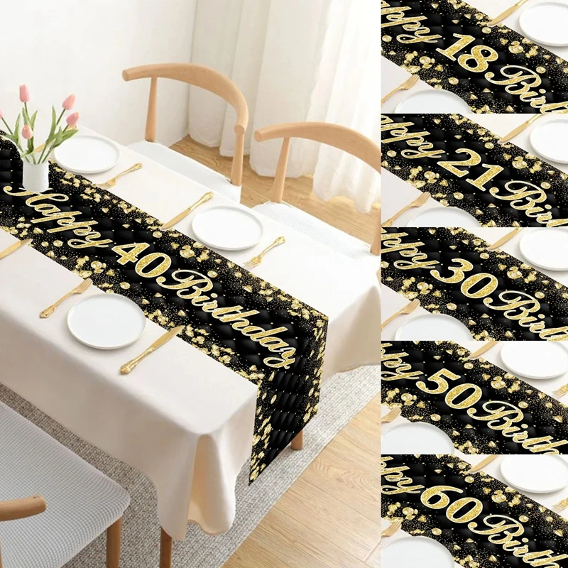 180x35cm Black Gold Birthday Table Runner 21 30 50 Birthday Tablecloth Party Decor For Home Backdrop Wedding Adult Anniversary