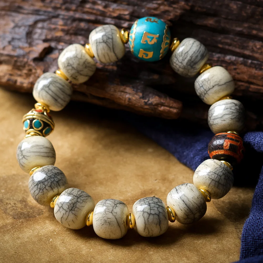 Cracked Yak Bone Barrel Bead Bracelet with Nepal Style Accessories and Swastika Dzi Bead Ethnic Style Jewelry Gifts