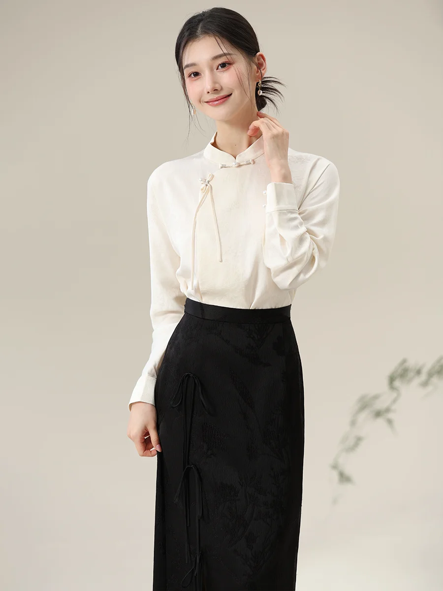 

Осенний новый женский топ из ацетата и юбки на пуговицах, комплект из традиционной китайской атласной ткани с вышивкой, модный E...