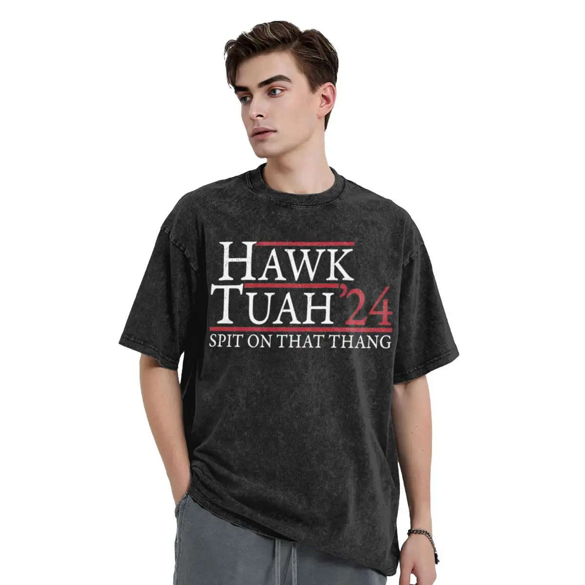 Hawk Tuah Spit On That Thang Meme T Shirt Hip Hop Washed Harajuku T-Shirts Vintage Men Women Tops Streetwear Graphic Tee Shirt