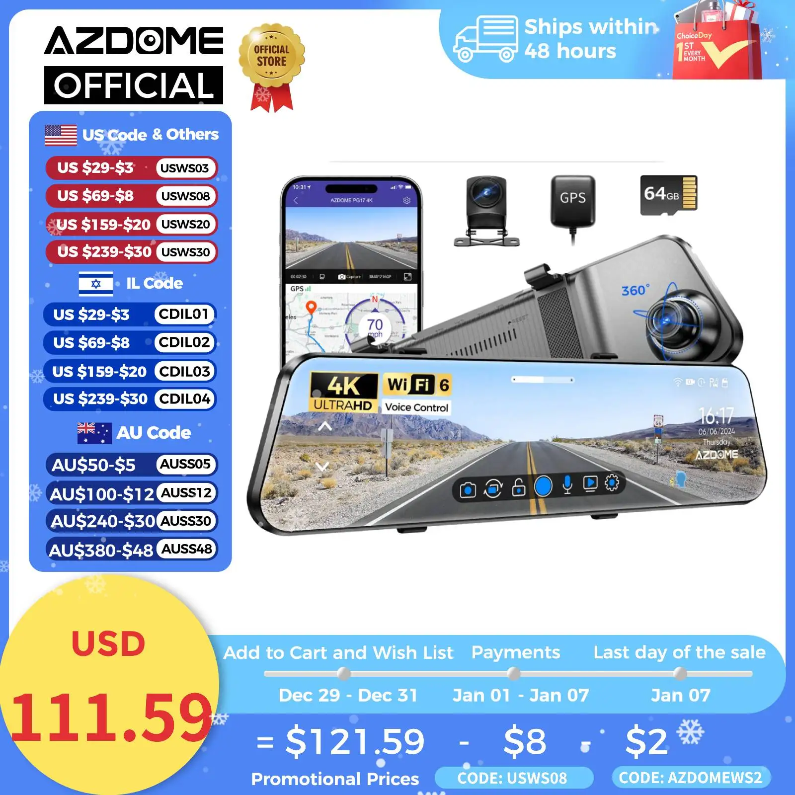 AZDOME PG17 4K Dash Cam 11.8\'\' Touch Screen RearView Cam Car DVR Dual-Channel GPS Wifi Video Recorder 24H Parking Modes Night Vi