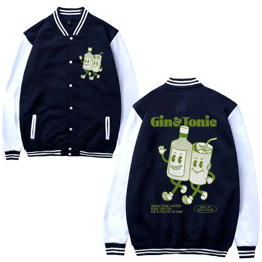 Funny GIN AND TONIC Meme Print Baseball Uniform Men Clothes Winter Fleece Baseball Jacket Unisex Cartoon Cocktail Fashion Coats