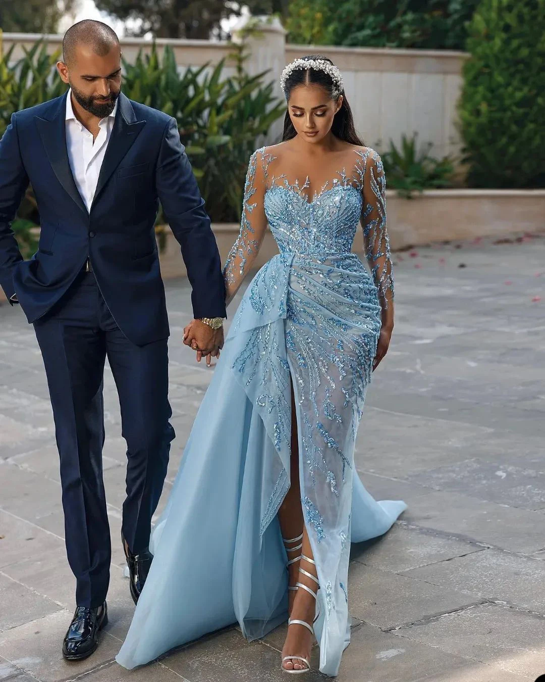 Luxurious Sexy Evening Dresses Full Sleeve Side Train Mermaid Prom Dress New Designed Sky Blue High Neck Formal Party Gowns