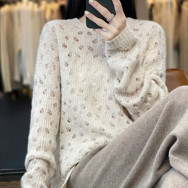 Autumn and Winter New 100 Cashmere Sweater Hook Flower Hollowed-out Jacquard Sweater Long Sleeve Women Loose Lazy Wool Solid Col