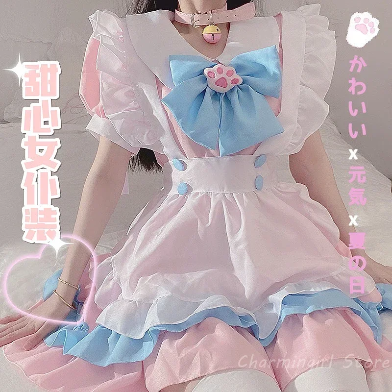 Plus size 5XL women maid outfit cosplay anime Lolita costume cute cat pink blue lace trim apron cat paw Lolita dresses full set