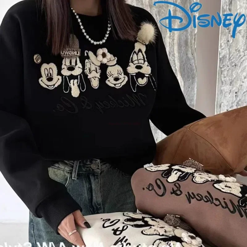 

Disney Clothes Mickey Embroidered Round Neck Pullover Women Design Fleece Sweatshirt Y2k Female Fashion Short Style Tops Gifts