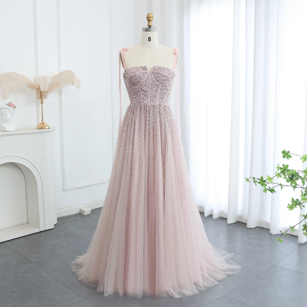 Luxury Beads Sequined Evening Dresses Fashion Square Collar Spaghetti Straps A-Line Gowns Chic Wedding Party Prom Dresses