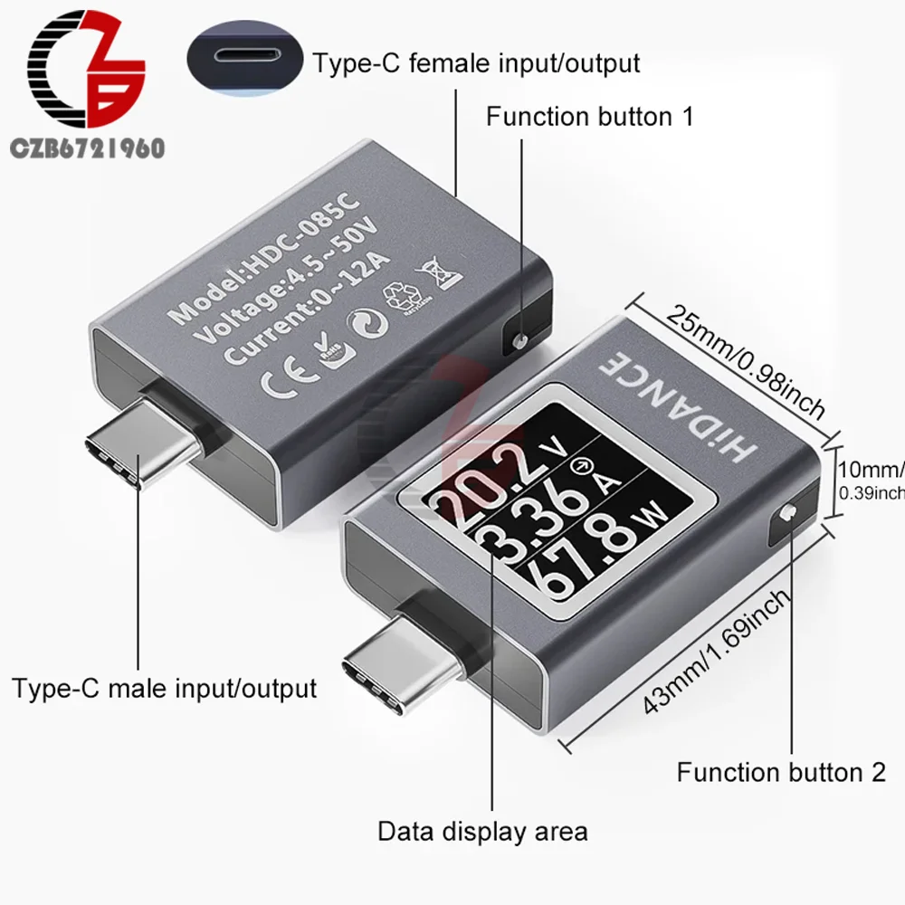 DC 4.5-50V 0-12A Voltmeter Ammeter Multi-function USB Type-C Fast Charging Tester Voltage Current Meter Tester Power Detector