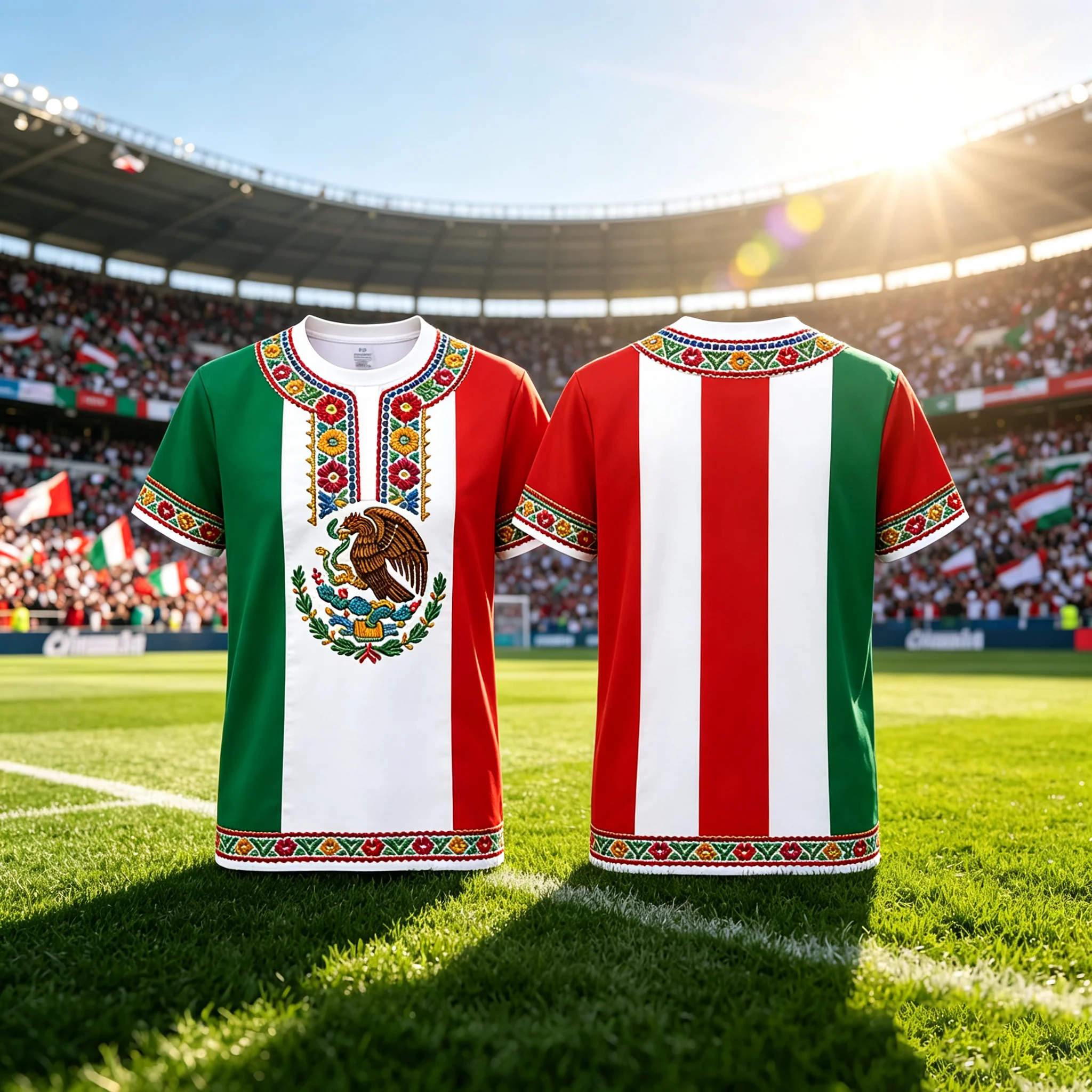 Mexican National Style Football T‑Shirt Men Mexico Flag Vertical Stripe Eagle Emblem Floral Ornament Short‑sleeve