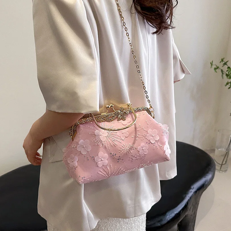 Luxury Women Appliques Sequins Evening Wedding Party Clutch Chain Messenger Bags Metal Hasp Totes White Gold Handbags And Purse