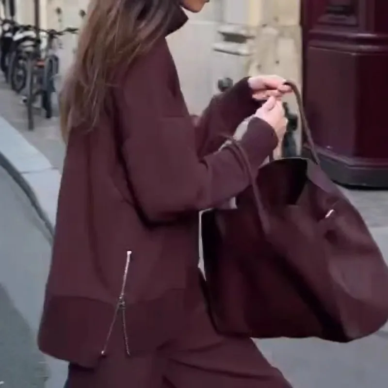 ربيع الخريف فضفاض البلوز غير رسمي مجموعة 2 قطعة مجموعات الزي النسائي نصف عالية الرقبة طويلة الأكمام البلوز واسعة الساق السراويل العصرية #3