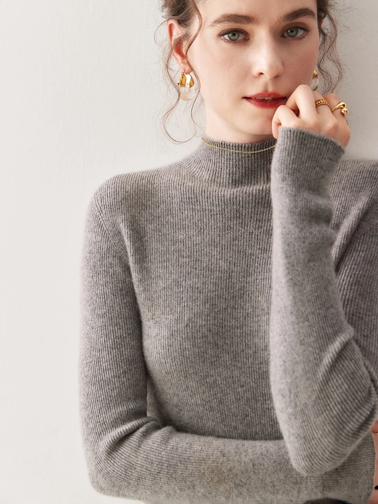 

MEETCC Women 100% Cashmere Mock Neck Pullover Sweater Solid Color Slim Inner Wear Autumn Winter New Soft Basic Warm Tops