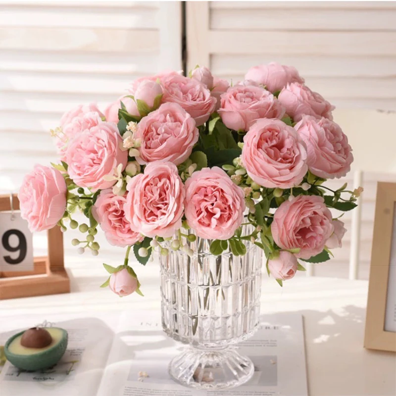 30cm Rose Pink Silk Bouquet Peony Artificial Flower 5 Big Head 4 Small Bud Bride Wedding Home Decoration Artificial Flower