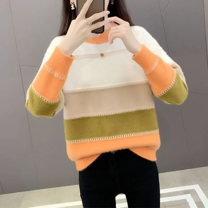 New Autumn/Winter Fashion Korean Edition Colored Mink Fleece Half High Neck Loose Versatile Western Women\'s Knitted Sweater