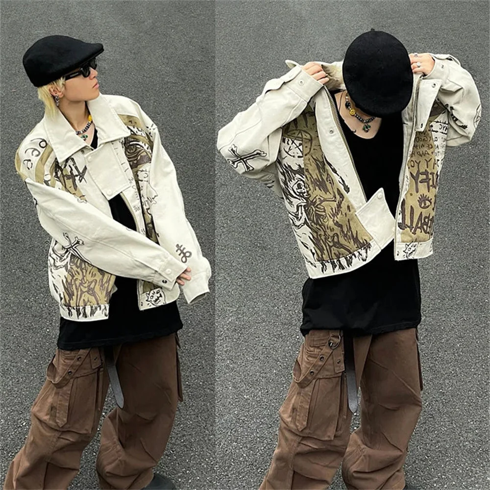 

Japanese vintage couple wear graffiti printed cargo coat men and women Korean bf loose handsome jacket casual jacket