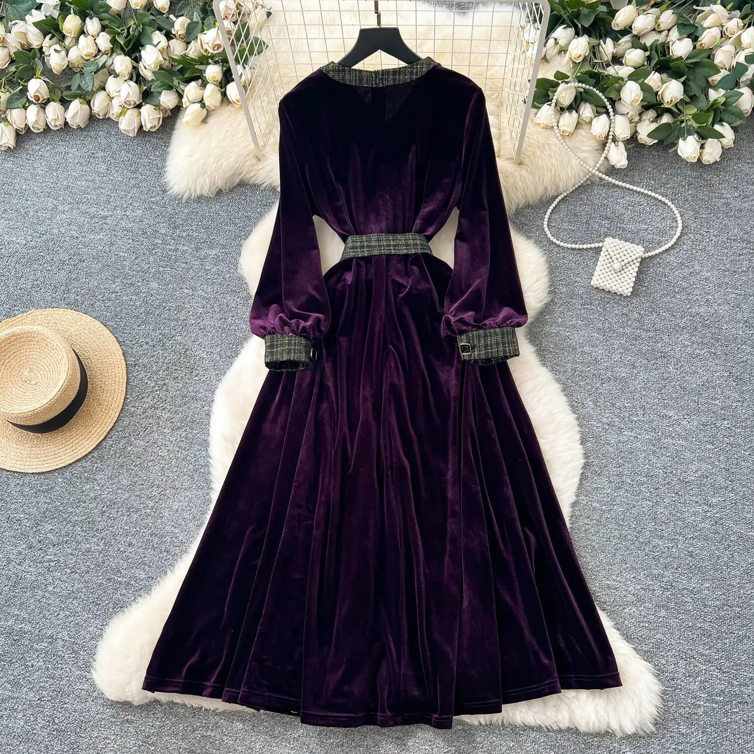 أنيقة خمر القطيفة واحدة الصدر مطوي أنيقة الجنية الكورية أزياء بوهو فستان الشمس النساء الملابس فستان طويل