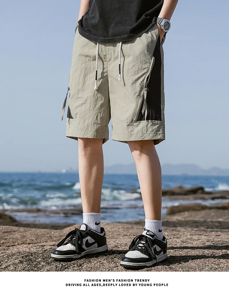 Summer Japanese Retro Color Matching Shorts for Men and Women High Waist Elastic Drawstring Zipper Details Neutral Casual Beach